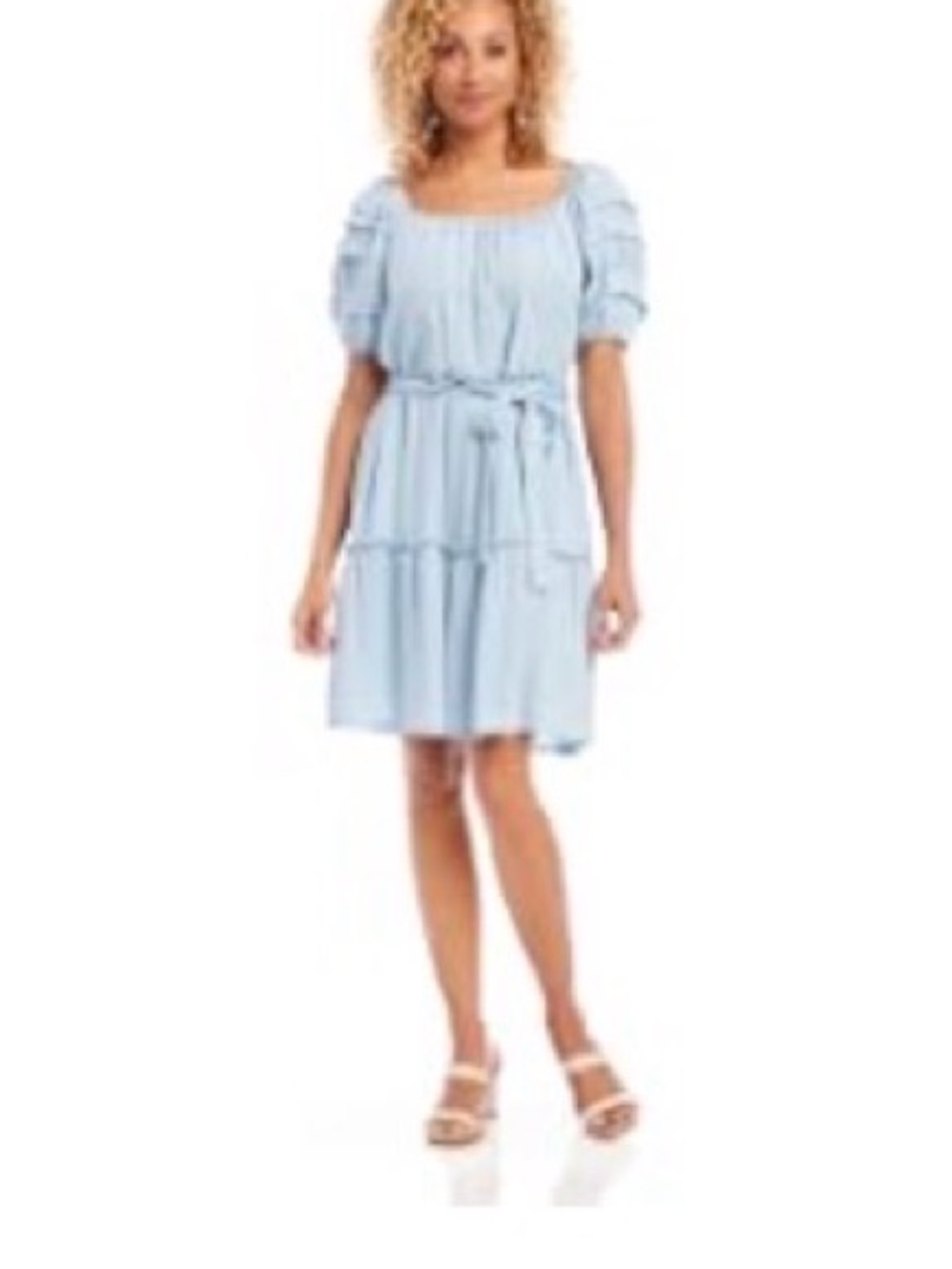 Karen Kane Light Blue Tiered Midi Dress with Puff Sleeves